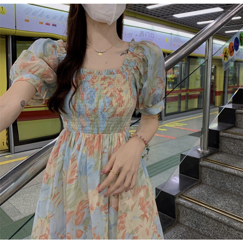 Đầm Perty tay phồng cổ vuông họa tiết hoa phong cách Hàn Quốc thời trang cho nữ