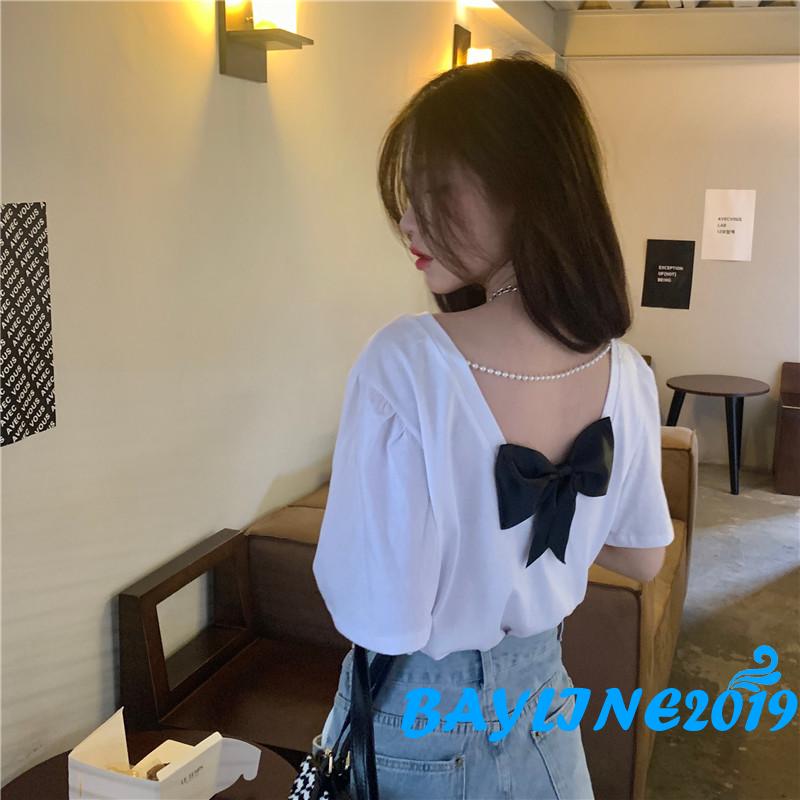 Áo Thun Nữ Ngắn Tay Cổ Tròn Hở Lưng Thời Trang