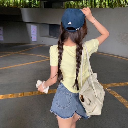 【ZHELIHANGFEI】Áo Len Tay Ngắn Cổ Chữ V Lưng Cao Thời Trang Cho Nữ