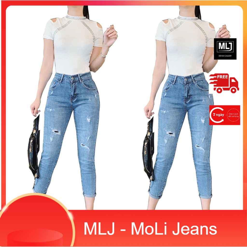 Quần jean dài lưng cao BIGSIZE Lưng siêu cao, Rách vá đắp, co dãn mạnh rẻ đẹp 3956 Molijean