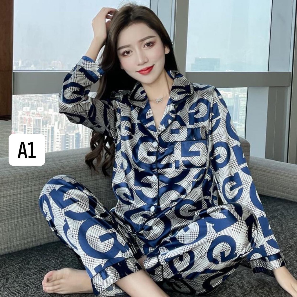 Đồ bộ nữ pijama lụa dài tay satin cao cấp mặc nhà mềm mịn thoải mái hàng Quảng Châu A1A8