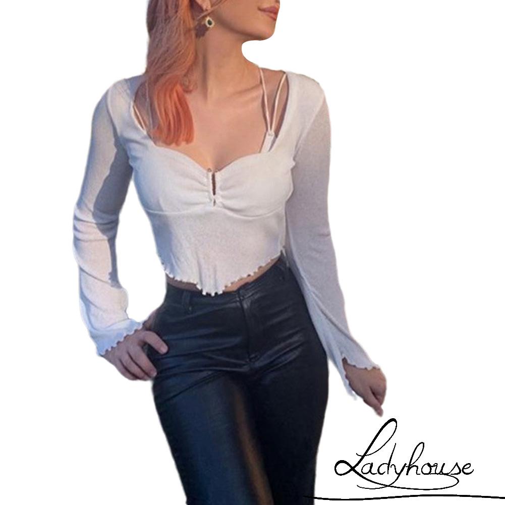 LDD-Women Sexy Short Top Long Sleeve V Neck See-Through Mesh Ruffled White Slim Fit T-shirts