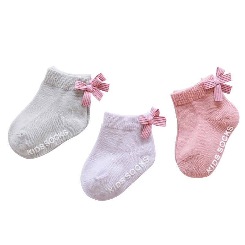 Set 3 đôi tất cotton mềm mại chống trượt đính nơ dễ thương cho bé sơ sinh 0-12 tháng tuổi
