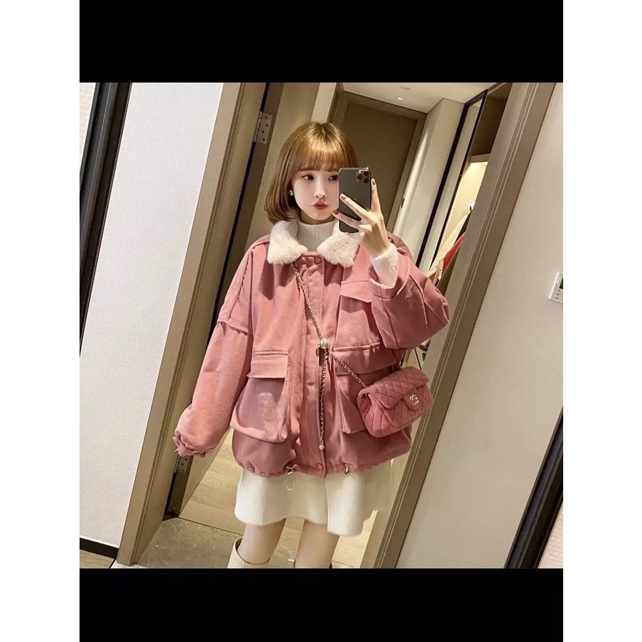 Áo Khoác Kaki 2 Lớp Lót Lông Cổ Bẻ 🦋 Áo Đại Hàn Nữ Dáng Rộng Túi Ngực 3 Màu 🦋 | BigBuy360 - bigbuy360.vn