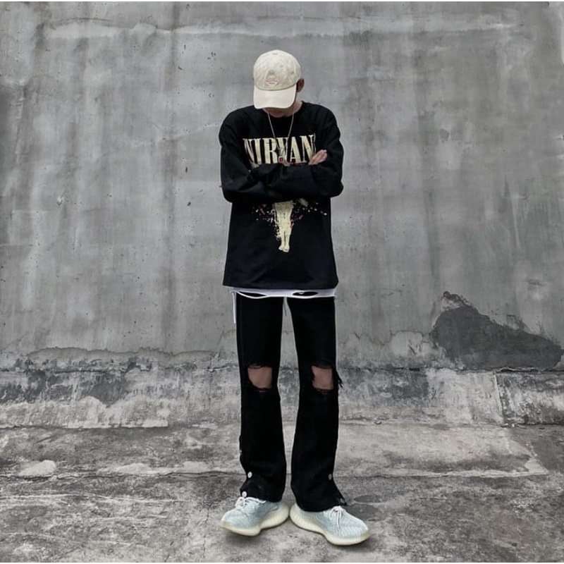 Quần jean button 3 cúc rách gối nam nữ phong cách unisex cargo pant