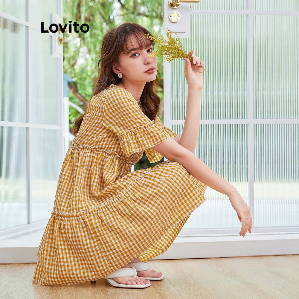 【Gợi ý từ KOL】Đầm Ngắn Lovito Viền Xếp Nếp Dáng Rộng Cổ V Họa Tiết Sọc Caro Thường Ngày L04120 (Màu Vàng/Xanh Dương)