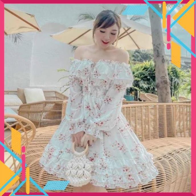 Váy Maxi Nữ, Đầm Xòe Rớt Vai Nhún Bèo Chun Eo Tay Dài Chất Tơ 2 Lớp Hoa Tiết Hoa Rơi Xinh Xắn.