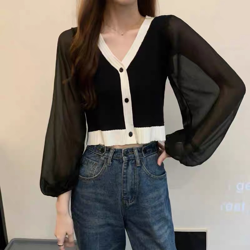 Áo croptop nữ len tăm phối tay voan dài bánh bèo cổ chữ V Áo sơ mi tay bồng phong cách mới karryshop