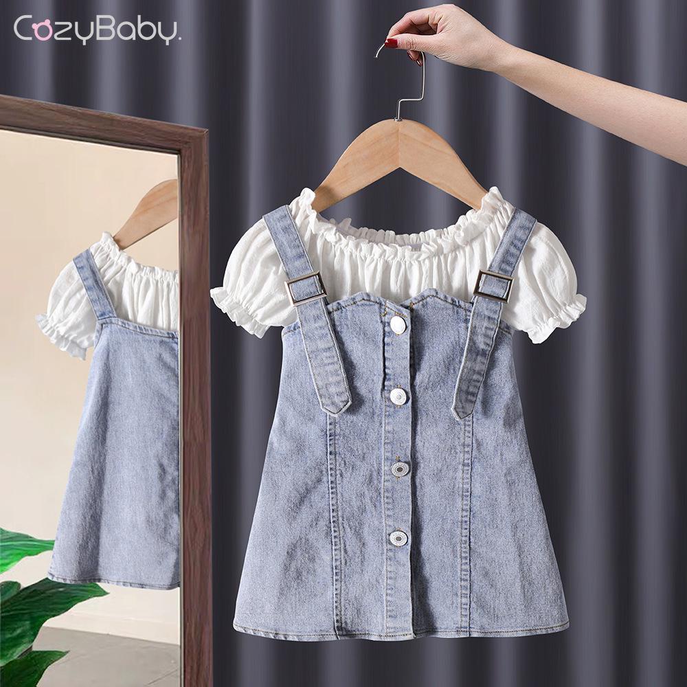 Set Áo Thun Tay Ngắn Phối Chân váy jean Cotton Thời Trang Hè Hàn Quốc Mới 2023 Cho Bé Gái
