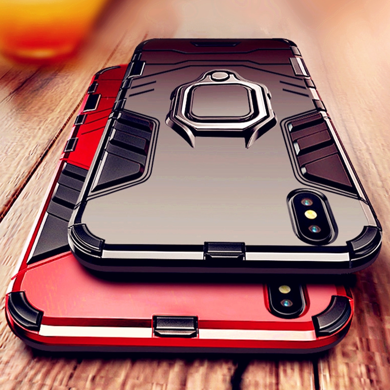 Ốp điện thoại chống sốc họa tiết Iron Man có nhẫn móc ngón tay cho iPhone XS Max Xr X 7 8 Plus