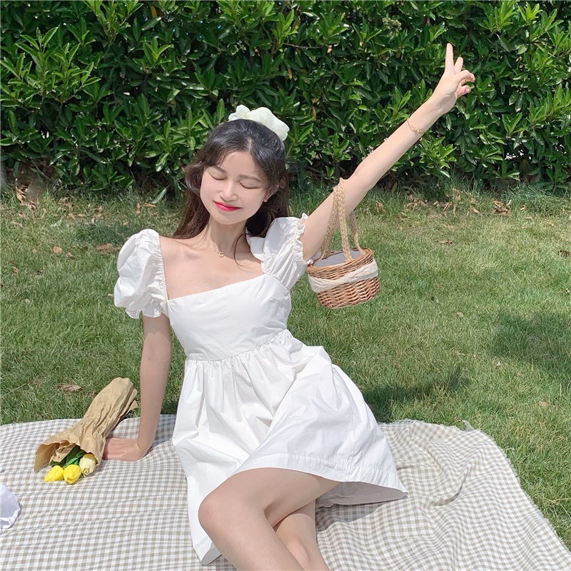 IELGY Đầm Tay Phồng Cổ Vuông Thắt Nơ Hở Lưng Thời Trang Dành Cho Nữ