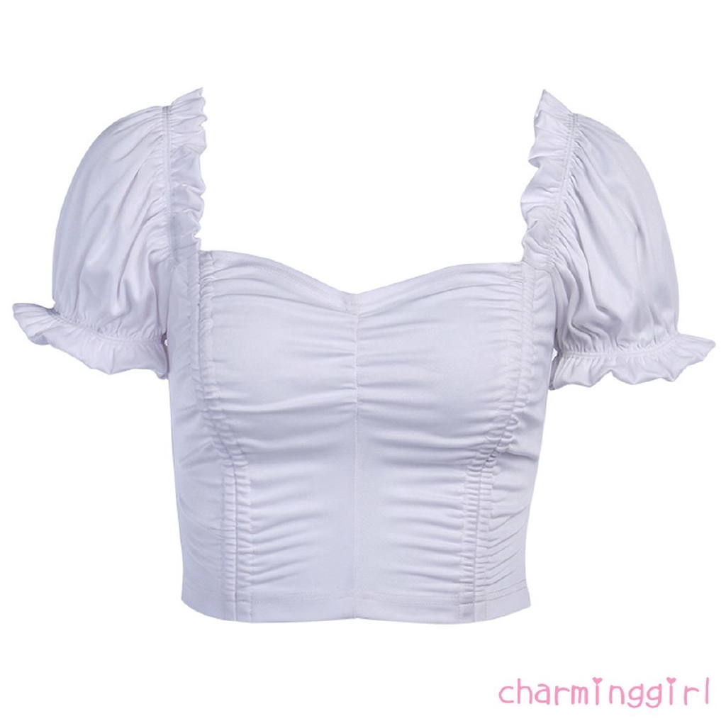 Áo Croptop Ngắn Tay Phối Bèo Thiết Kế Màu Trơn Thanh Lịch