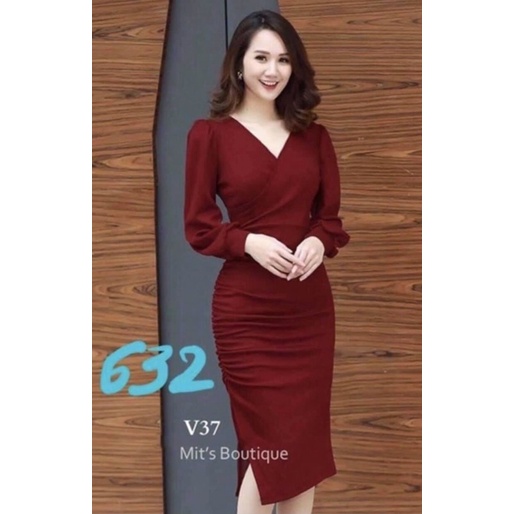 F632 Đầm ôm body cổ tim xéo , tay dài , nhún sườn , xẻ đùi
