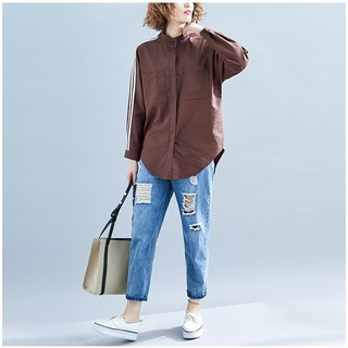 [ORDER] Áo sơ mi nữ bigsize cổ tàu, tay phối sọc năng động, cá tính (màu nâu)