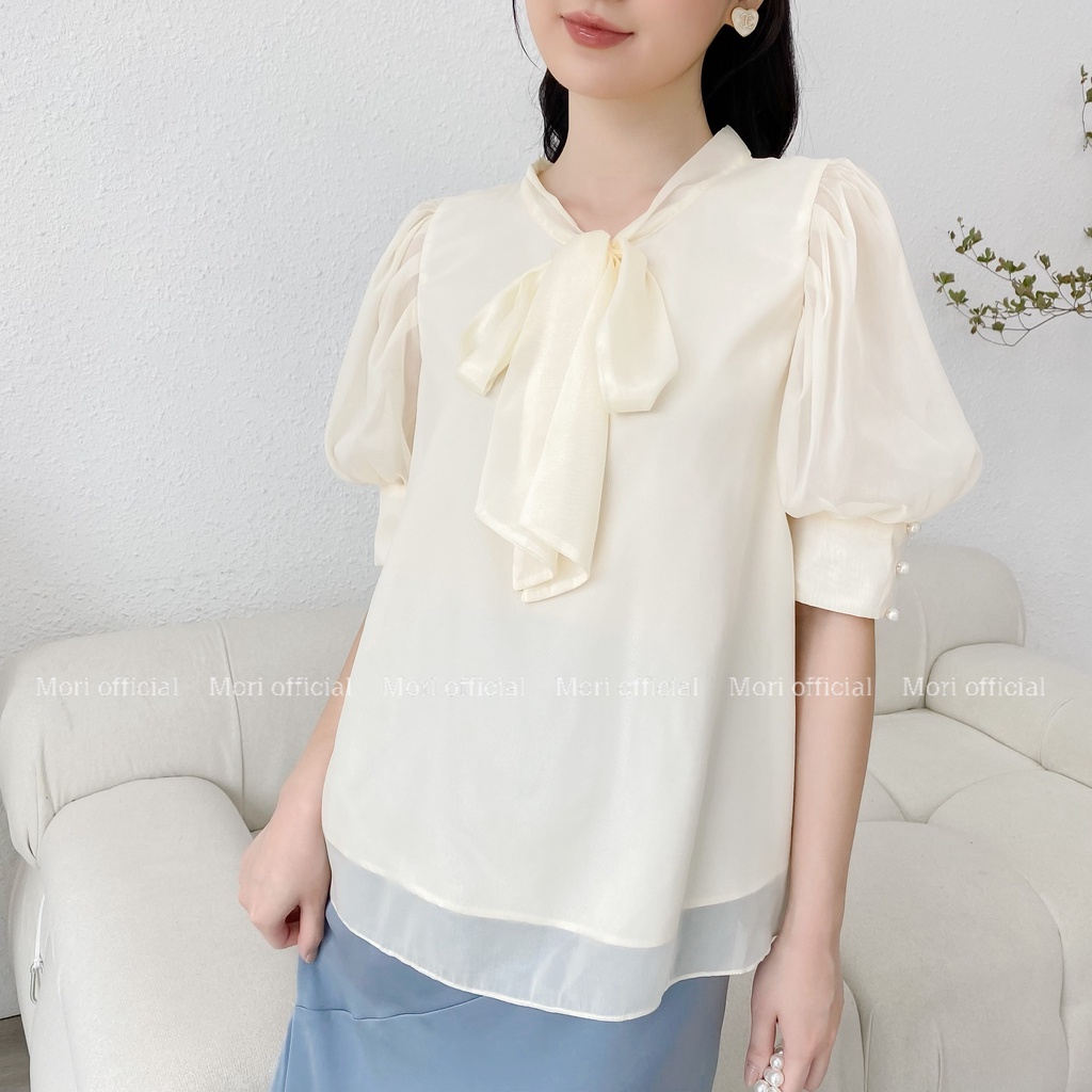 Set áo sơ mi nữ tay ngắn quần short cạp cao tiểu thư thiết kế tay bồng cổ nơ công sở voan hai lớp Mori Clothing ASM01