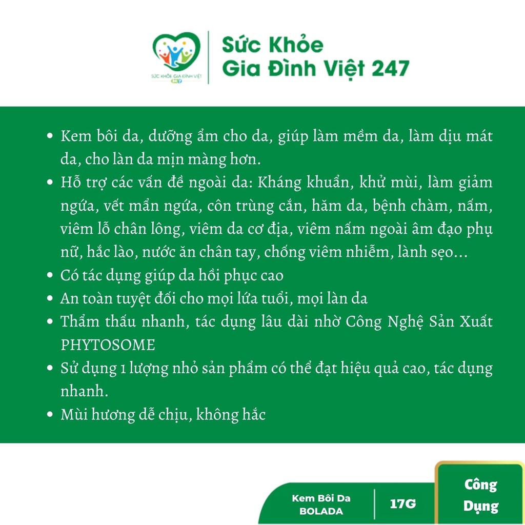 Bolada - 17G - Kem Bôi Da Nấm Ngứa, Hắc Lào, Ghẻ, Viêm Lỗ Chân Lông, Viêm Da Cơ Địa Zona Các Bệnh Ngoài Da BDcare