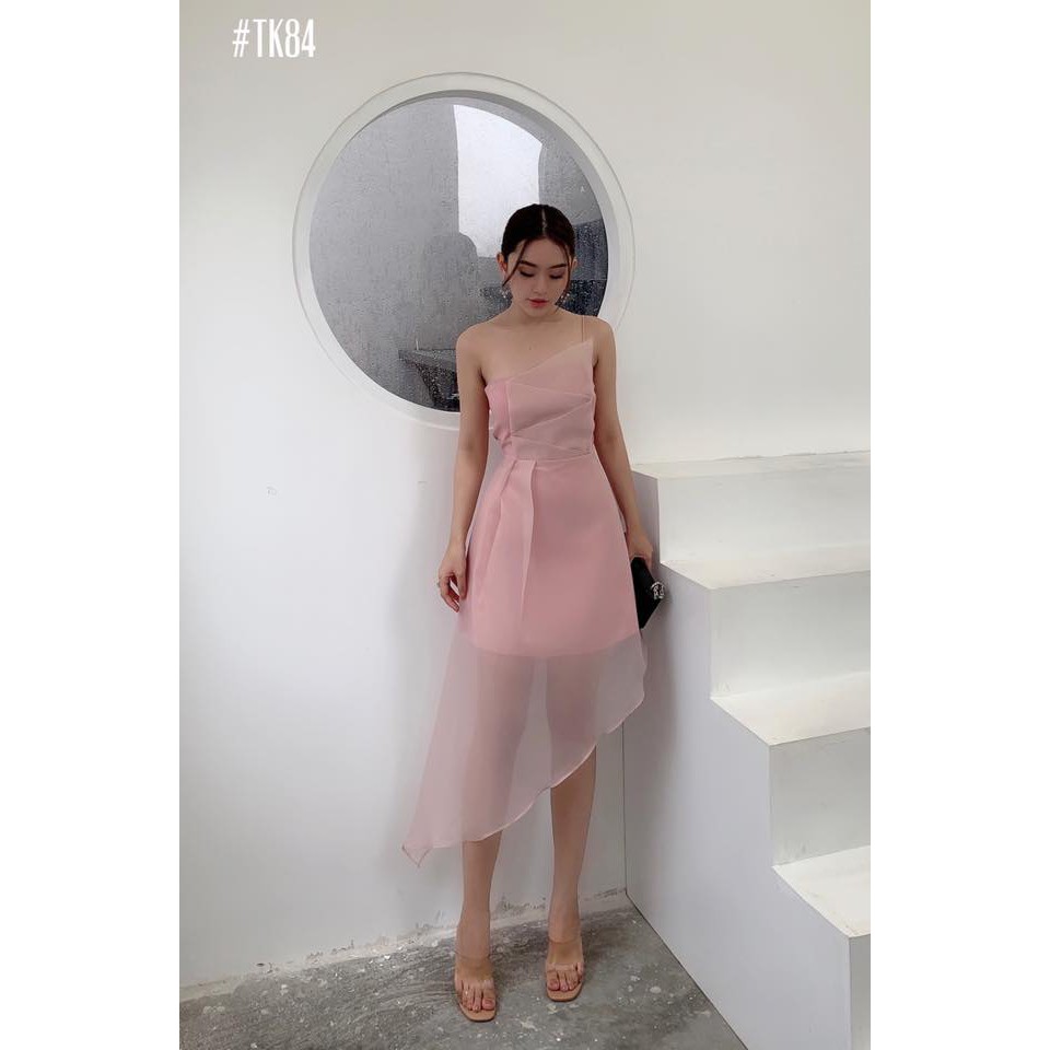 [HÀNG THIẾT KẾ CAO CẤP] Đầm Dây Xòe Lệch Tà Đi Tiệc Sang Trọng Màu Hồng
