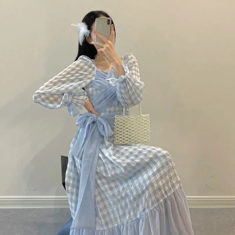 Đầm ulzzang dáng dài vintage hoạ tiết kẻ caro phong cách công chúa hàng Quảng Châu