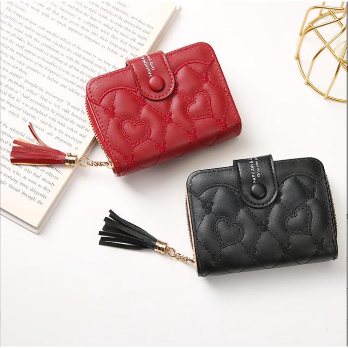 Ví nữ cầm tay da sần mini trần trám dáng gập thêu tim xinh xắn thời trang trend TMI68