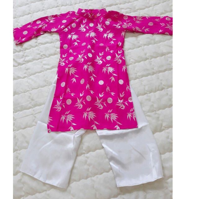Bộ áo dài truyền thống vải Thái Tuấn cho bé gái màu hồng sen ( kèm nón)