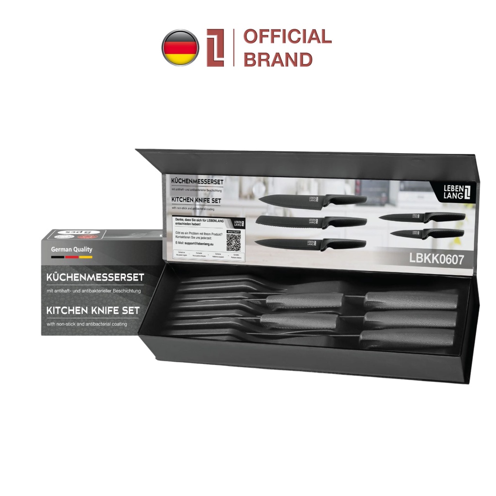 Bộ dao nhà bếp LEBENLANG LBKK0607 gồm 5 món, lưỡi dao chống dính, tay cầm chống trơn - hàng chính hãng