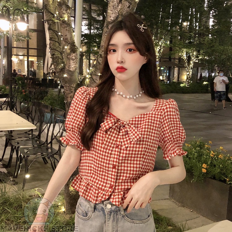 Áo Sơ Mi Tay Ngắn Cổ Vuông Họa Tiết Kẻ Sọc Màu Đỏ Phong Cách Hàn Quốc Thời Trang Mùa Hè 2022 Dành Cho Nữ
