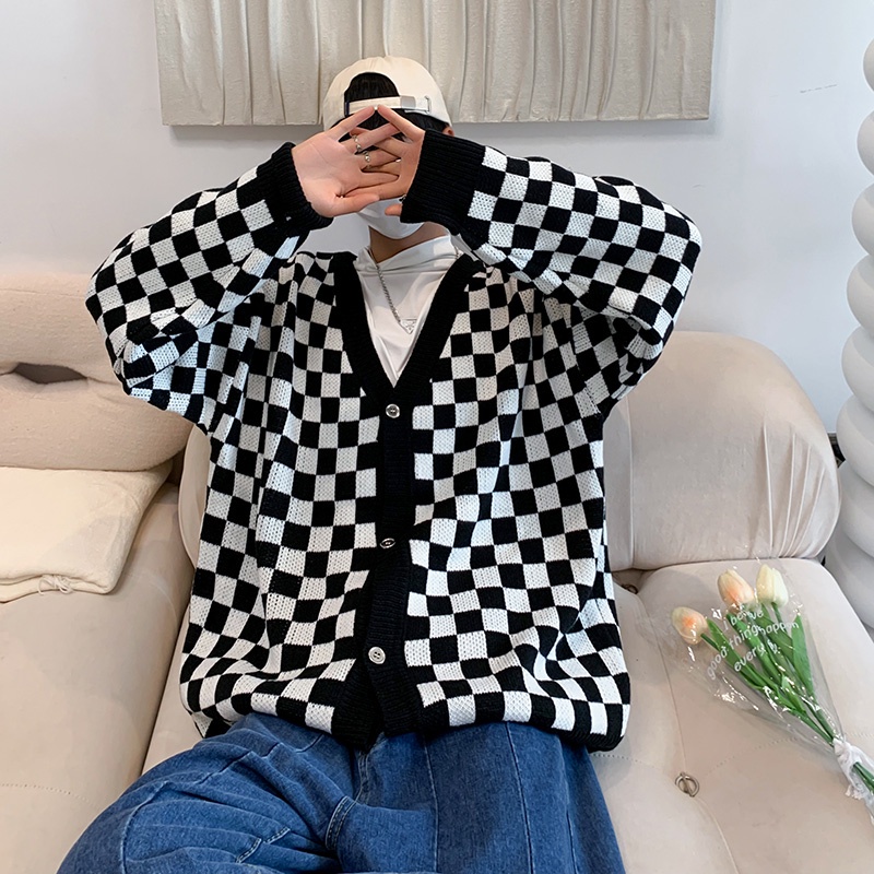 Áo khoác cardigan dệt kim cổ V phối nút in sọc caro phong cách thu đông thời trang Hàn Quốc năng động cho nam nữ