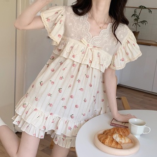 Set bộ ngắn phối ren họa tiết trái đào quảng châu