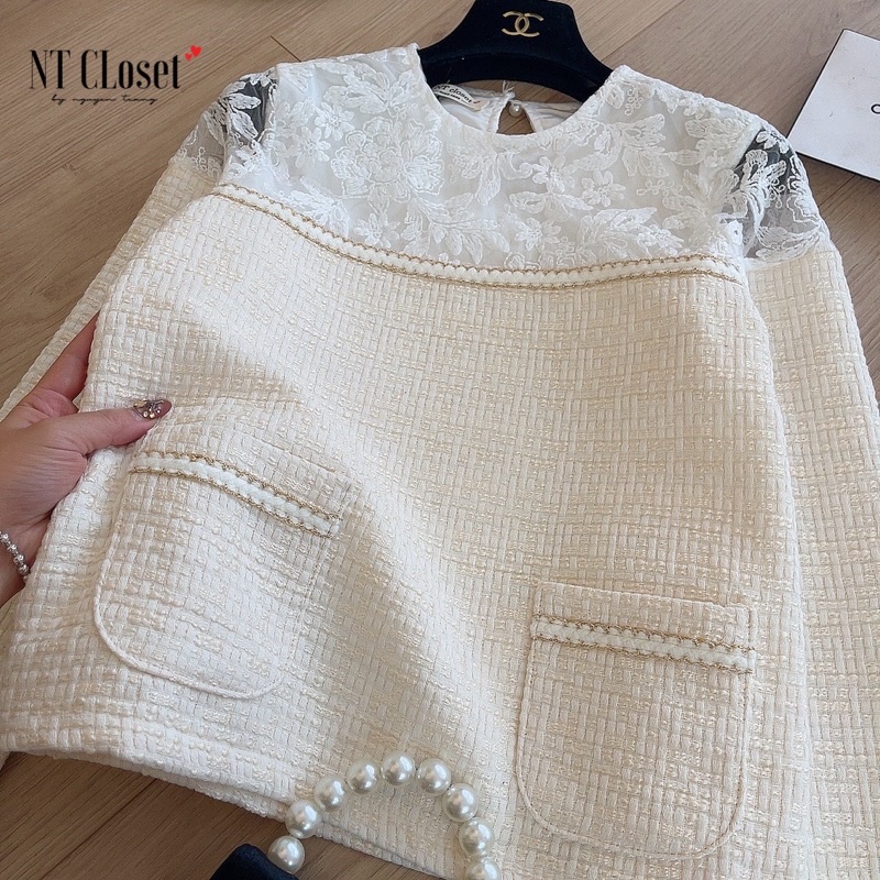 SALE Áo dạ tweed be pha vai ren chuẩn NT closet