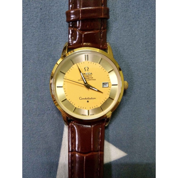 Đồng hồ nam Omega mạ vàng kim trôi khóa bướm