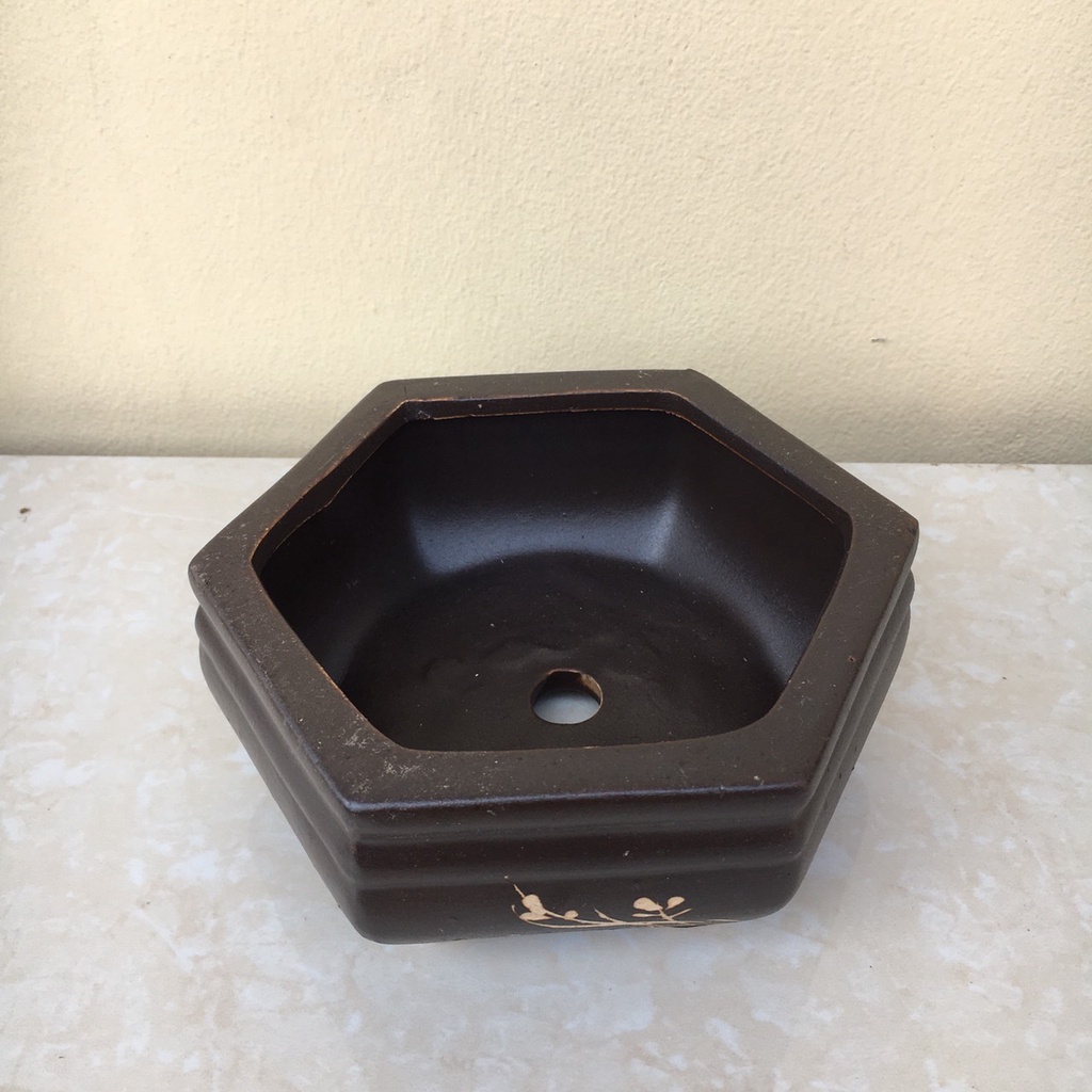 Chậu Lục giác thấp bonsai sen đá mini đất nung màu Đen gốm Bát tràng 1 size SP344