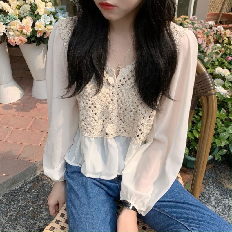 Áo Vest Đan Len Peplum Dệt Kim Tay Dài Phồng Cổ Chữ V Phối Bèo Thời Trang Cho Nữ