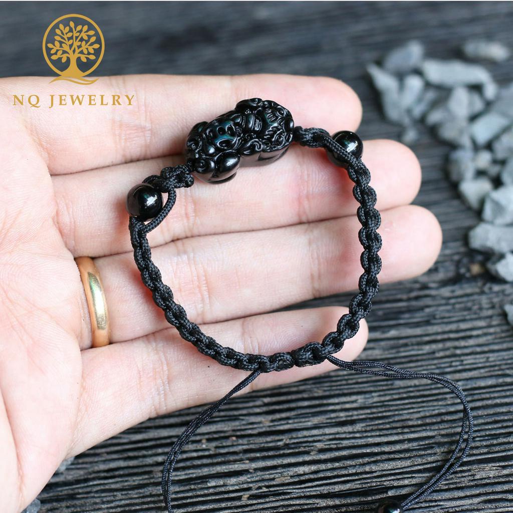 Vòng tay kết dây đen phối tỳ hưu tài lộc đá hắc diện thạch - NQ JEWELRY