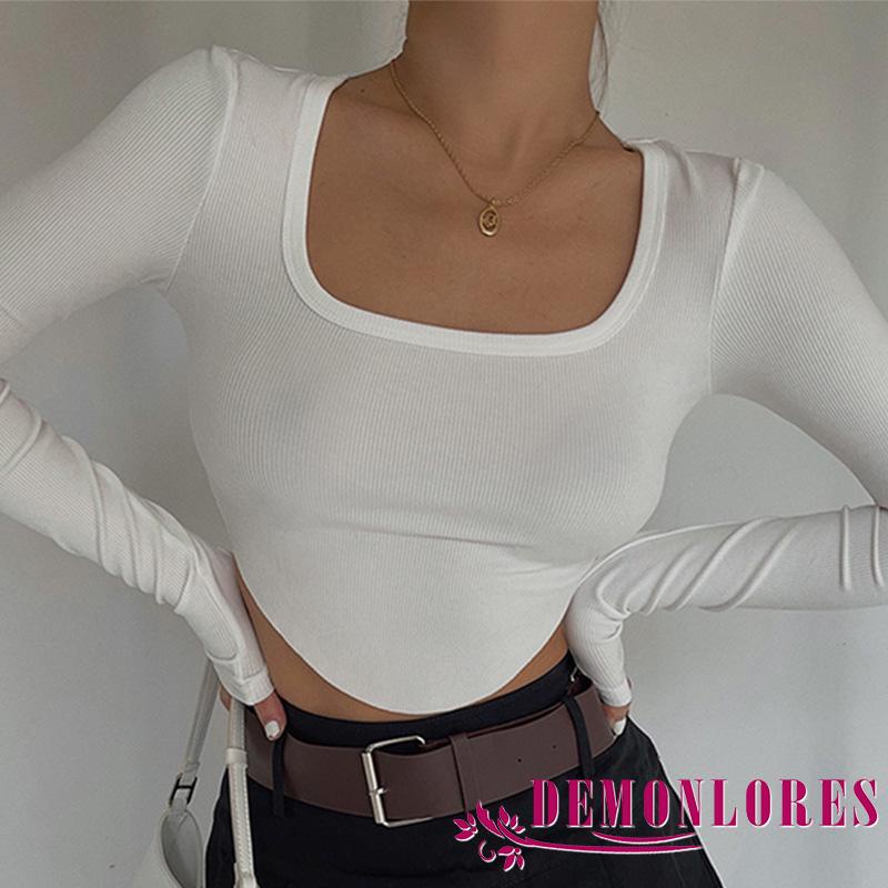 Áo thun dệt kim cổ vuông màu sắc độc đáo thời trang cho nữ