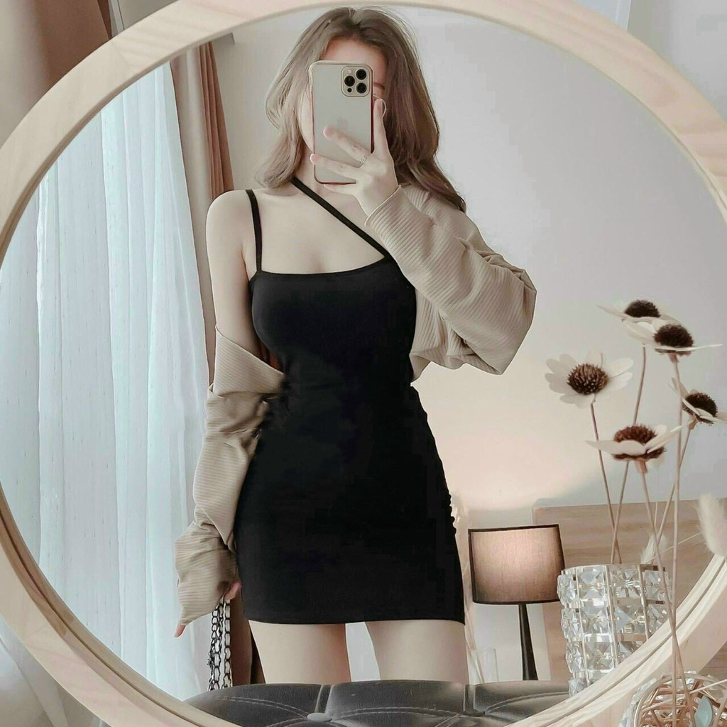 GunKayMatter Đầm Nữ 2 Dây Ôm Body Phối Áo Khoác Thiết Kế Sang Chảnh Chất Liệu Thun Gân Tăm Phối Cotton