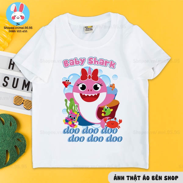 Áo thun baby shark cho bé trai và bé gái,áo trắng in hình baby shark siêu nét cute )