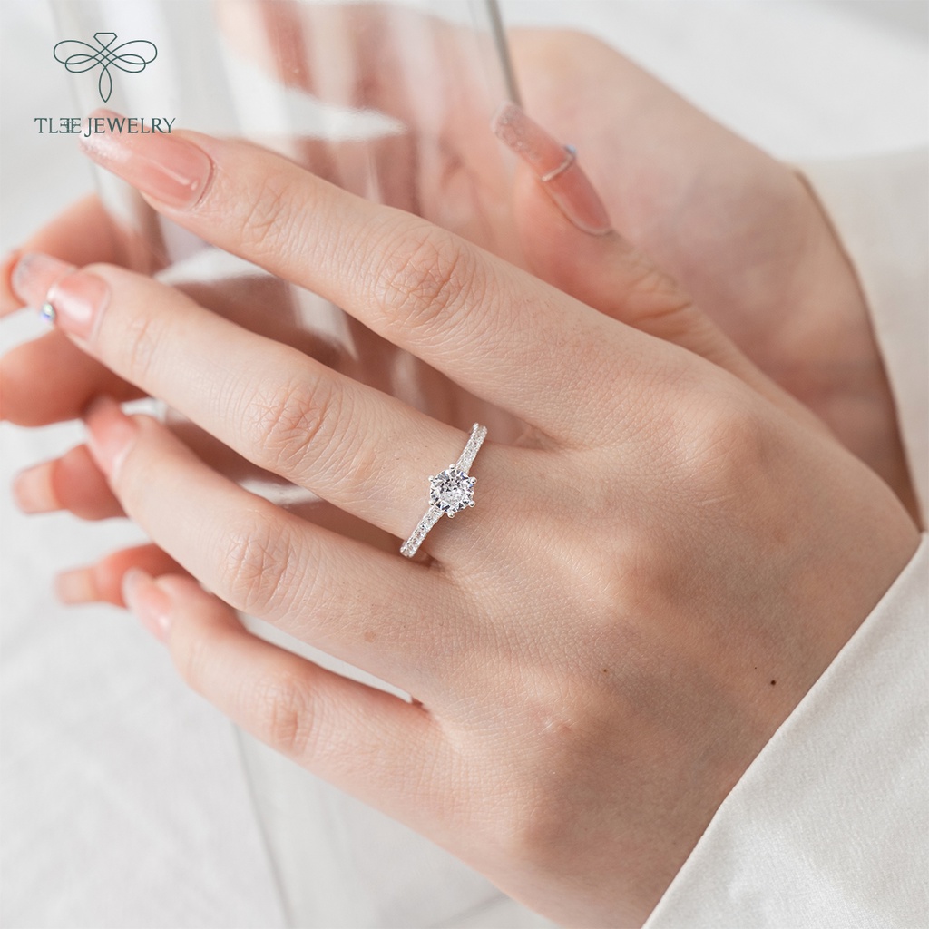 Nhẫn bạc nữ TLEE ổ đá 6 chấu phồi viền lấp lánh nữ tính NCJ A0190