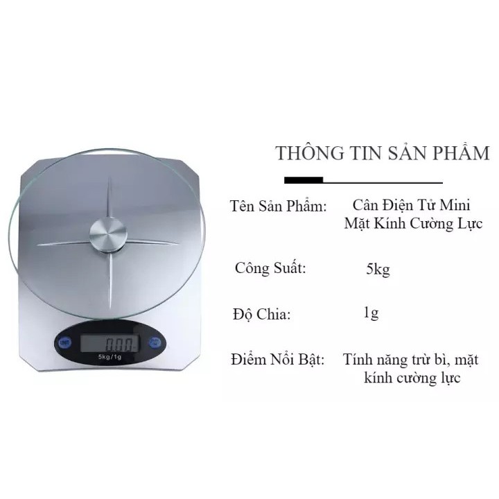 Cân Điện Tử Nhà Bếp Mini Mặt Kính Cường Lực 5kg độ chính xác cao thiết kế sang trọng - Cân tiểu li nhà bếp để bàn