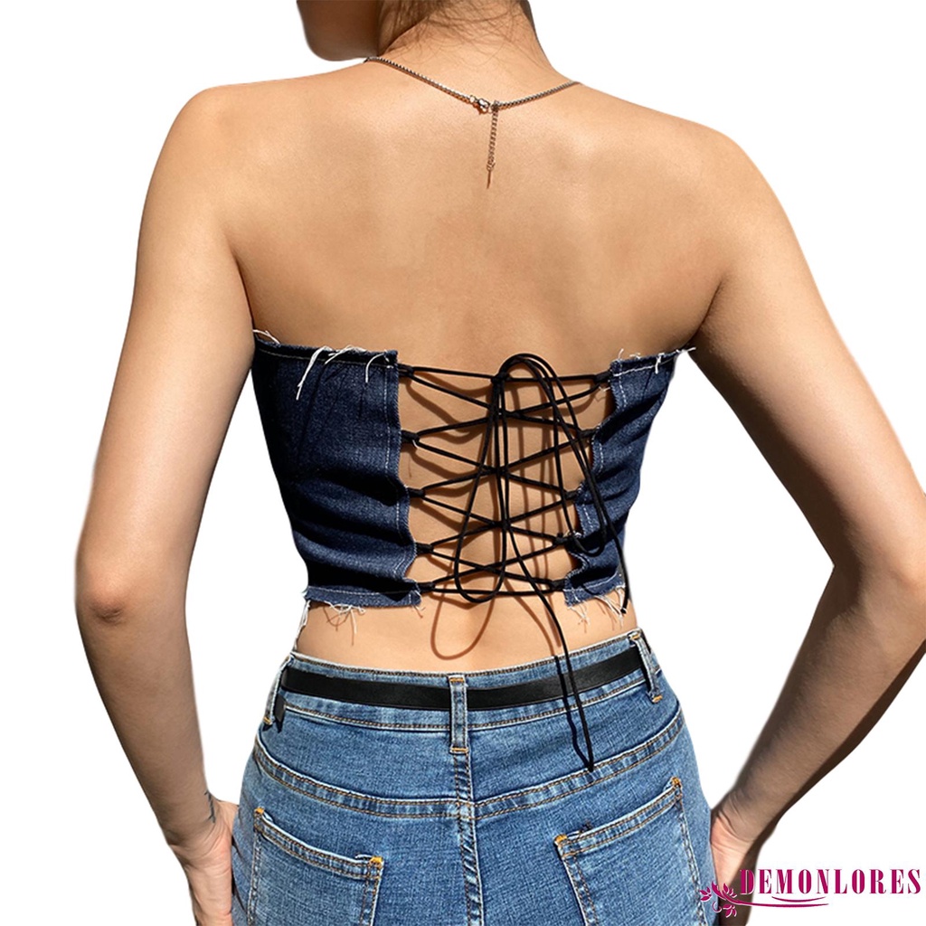 Áo ống denim hở lưng quyến rũ dành cho nữ