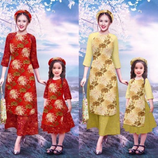 Set áo dài bé và mẹ in hoa