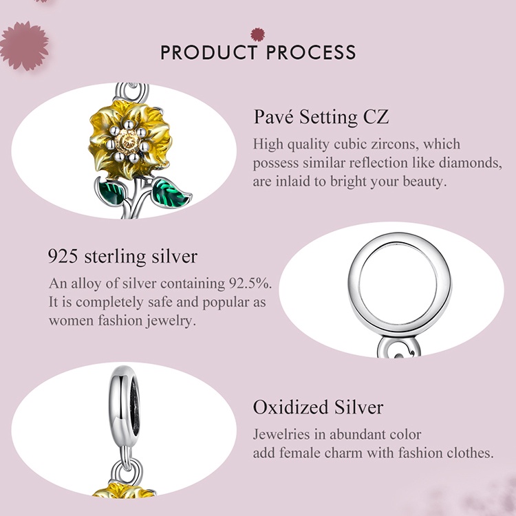 Mặt vòng cổ BAMOER bạc 925 hình hoa hướng dương thời trang cho nữ