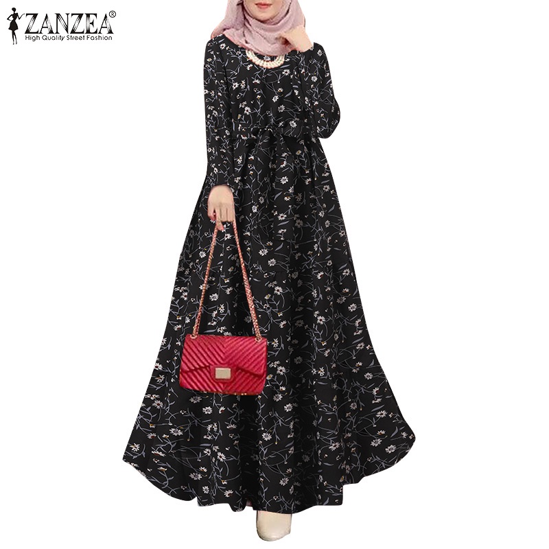 Đầm maxi Zanzea dài tay in hoa thắt nơ eo thanh lịch cho nữ