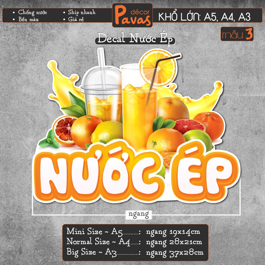 Decal Nước Ép, Cam Vắt, Rau Má, Nước Mía chống nước trang trí dán quán trà sữa, cà phê, quán ăn, dán tường, tủ. TTQ02