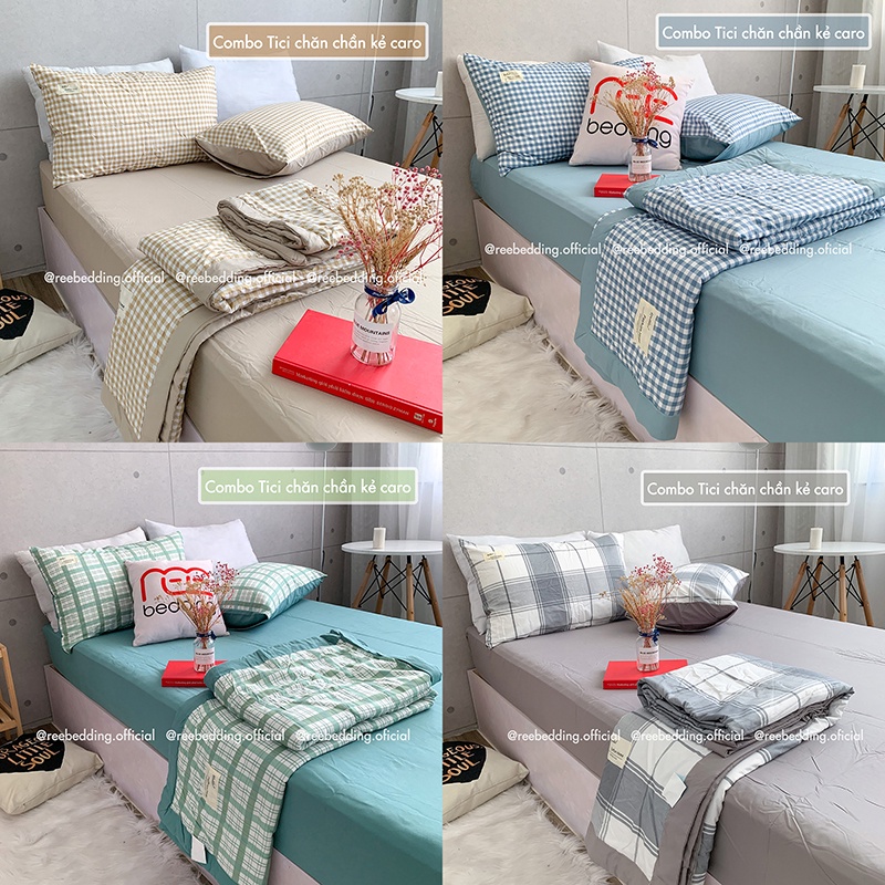 Bộ chăn ga gối Chần Bông Cotton TC REE Bedding caro nhiều màu đủ size giường nệm