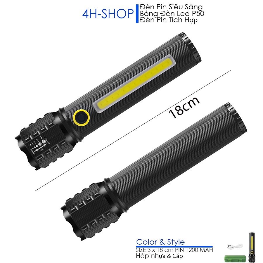 Đèn pin siêu sáng Led P50 đèn cạnh COB, dùng pin sạc 1200mah, kèm hộp nhựa và cáp sạc cổng USB.