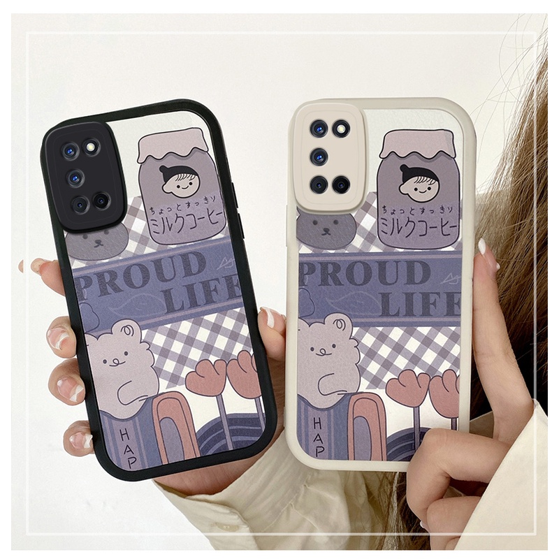 OPPO Reno 7 Z 6 5 Pro 4G 5G A53 A33 A15 A15S A52 A72 A92 A7 A5S A12 A11K A9 A5 2020 F11 Reno7 Reno6 Reno5 Cartoon Lattice Bear High Quality Lambskin Fine Hole Lens Protection Soft Phone Case Cover KQ 21