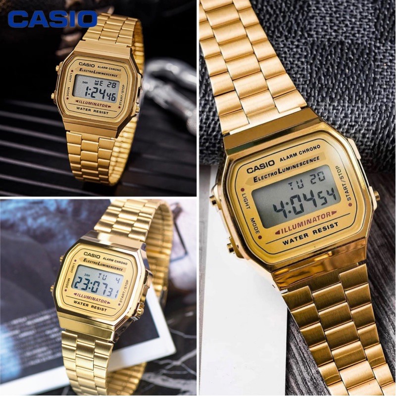 Đồng hồ  nam nữ Casio điện tử chính hãng mặt vuông chống nước 3ATM , dây kim loại - đồng hồ A168