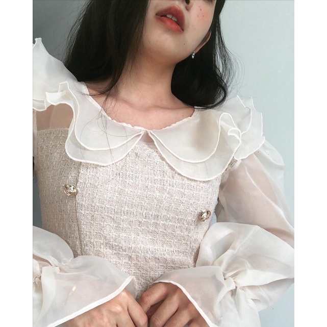 [THIẾT KẾ CAO CẤP]Váy dạ tweed tiểu thư phối tay phồng tơ organza đính nút ngọc chảnh,Váy dạ tweed ngọc tay phồng cổbèo | BigBuy360 - bigbuy360.vn