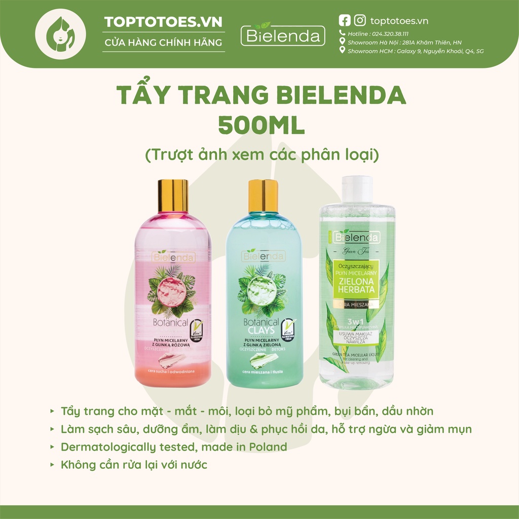 Nước tẩy trang Bielenda Botanical Clays/ Green Tea 500ml làm sạch sâu da