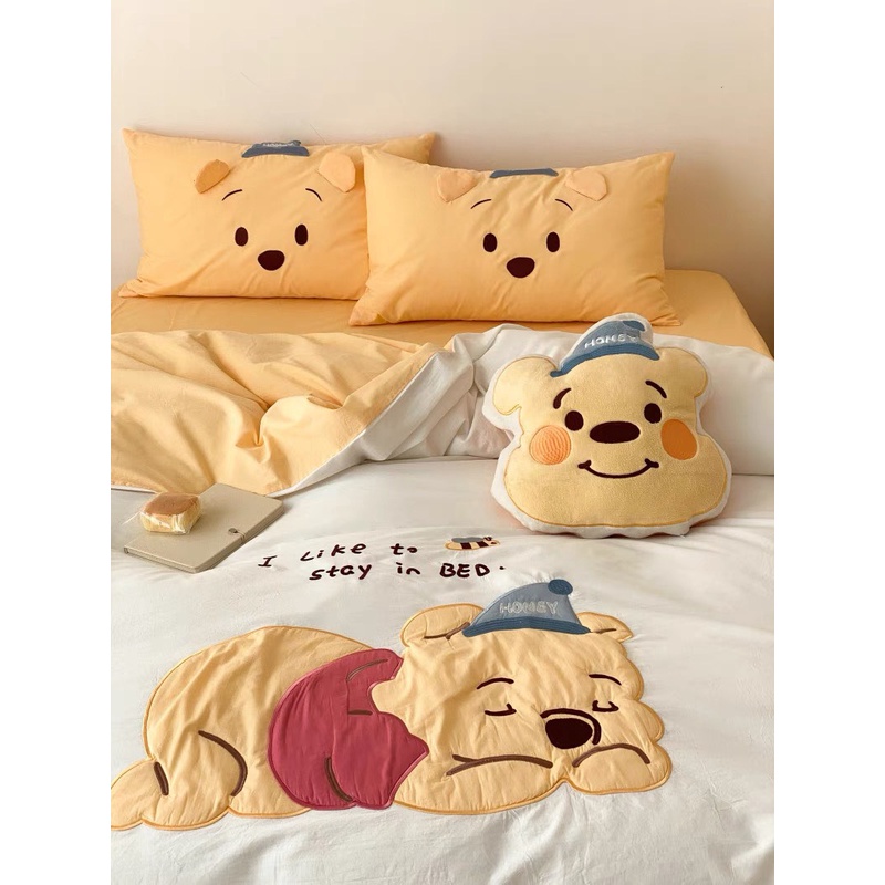 Bộ Chăn Ga Gối 5 Món mẫu GẤU POOH -  Cotton Linen Họa Tiết Hoạt Hình Disney Dễ Thương